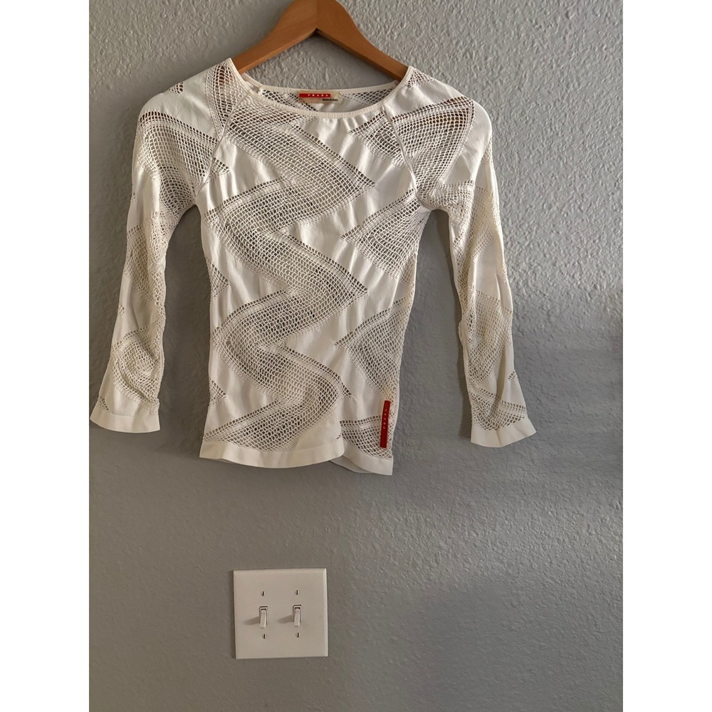 Prada Sport White Mesh Zigzag Knit Long Sleeve Top Linea Rossa Made in Italy - Picture 3 of 9